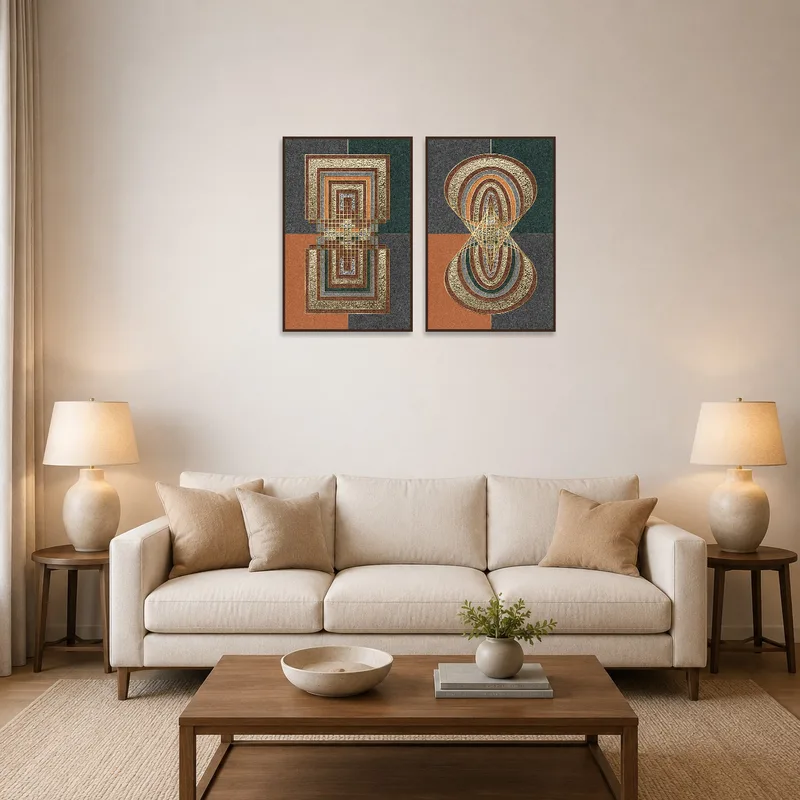 The abstract set adds a modern touch to the living room wall.