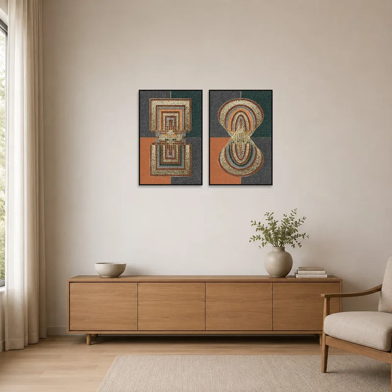 Bold geometric art complements the minimalist room design.