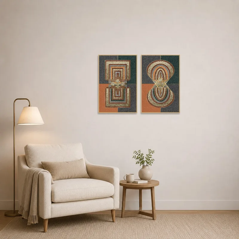 A vibrant geometric art pair enlivens the reading corner.