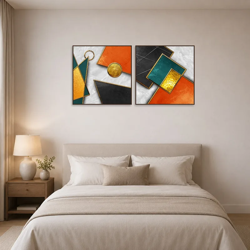 Striking geometric wall art adding color to a serene bedroom setting.