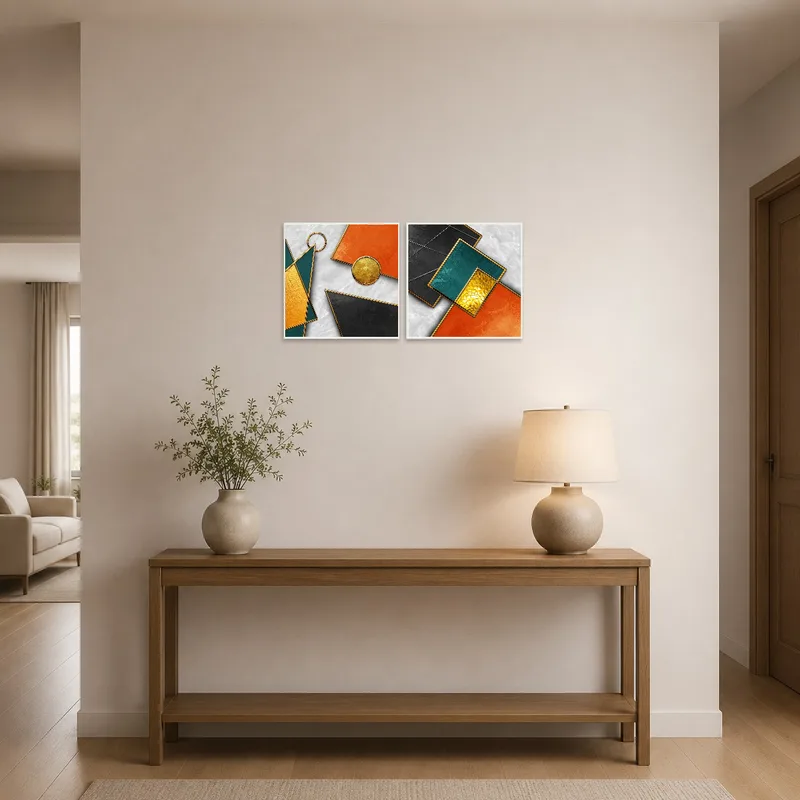 Dynamic geometric artwork greeting guests in a stylish entrance hall.