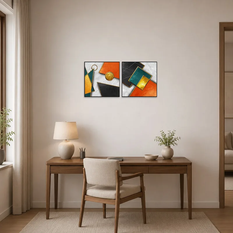 Geometric art set providing a pop of color in a professional home office.