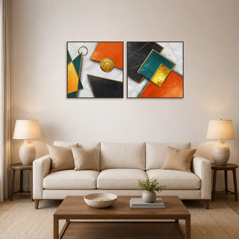 Bold geometric wall art set above a modern living room sofa ensemble.