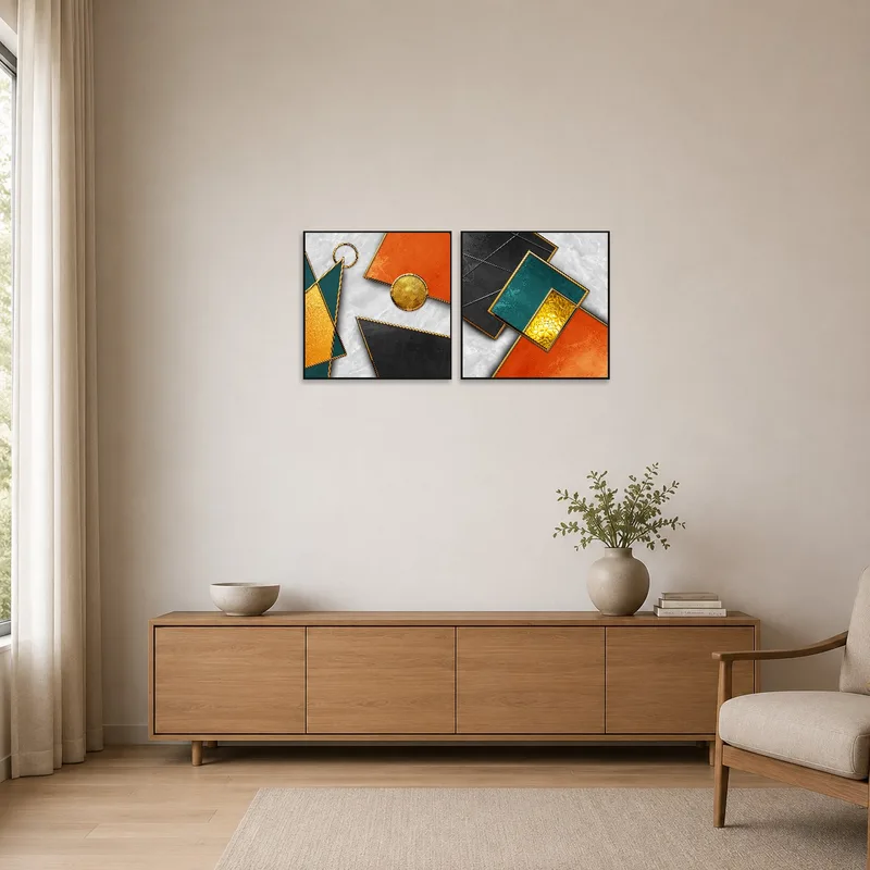 Sleek art set with bold shapes on a minimalist room's clean white wall.