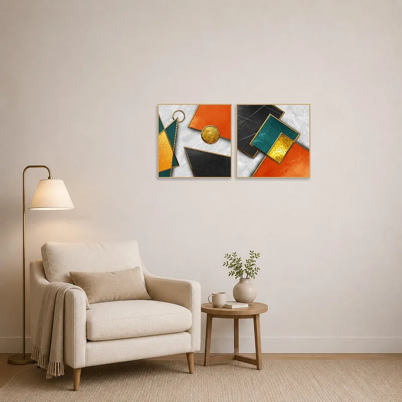 Vibrant geometric art energizing a cozy reading corner.