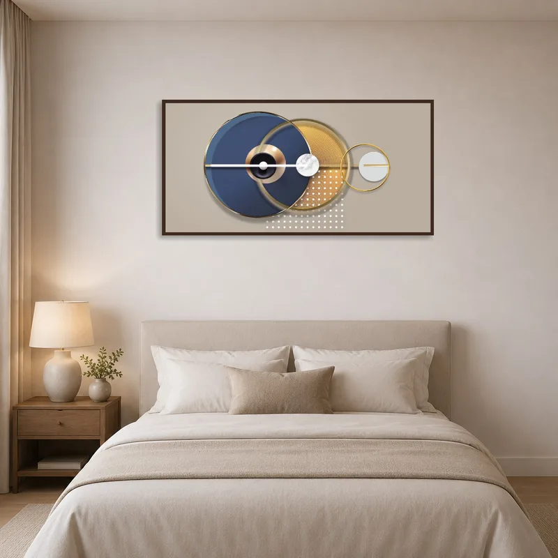 Sophisticated blue and gold geometric art adorns the bedroom wall above the headboard.