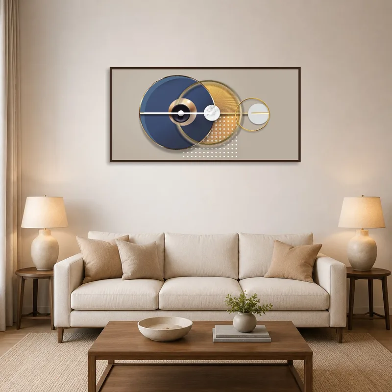Abstract geometric art with blue and gold tones on a living room wall above a modern sofa.