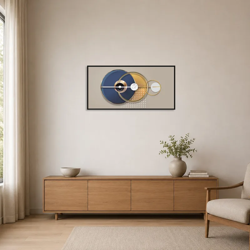 Blue and gold geometric art piece in a minimalist room, enhancing the clean lines and neutral colors.