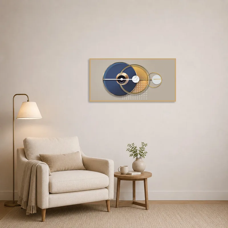 Geometric blue and gold themed wall art accentuates the cozy vibe of a reading corner.