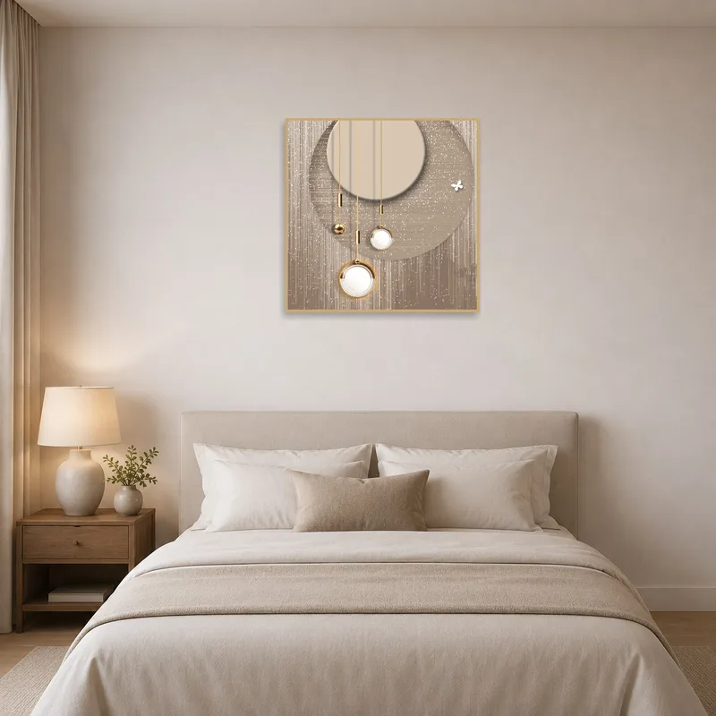 Geometric Elegance art print with gold accents adding sophistication to a bedroom above a neutral bed.