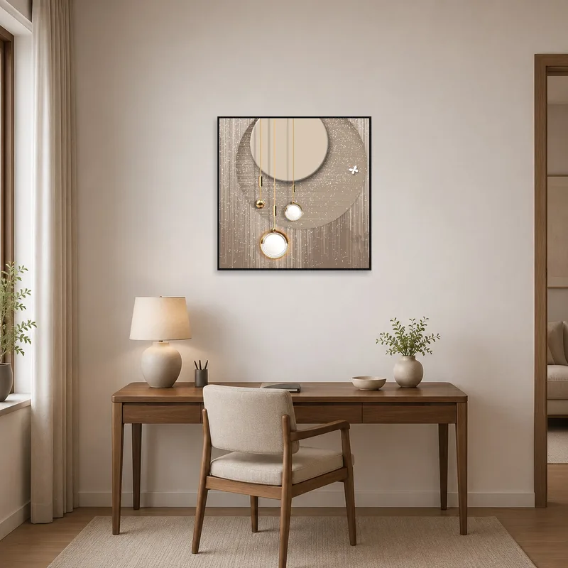 Geometric Elegance art print with gold accents inspiring creativity in a home office with a tidy desk.