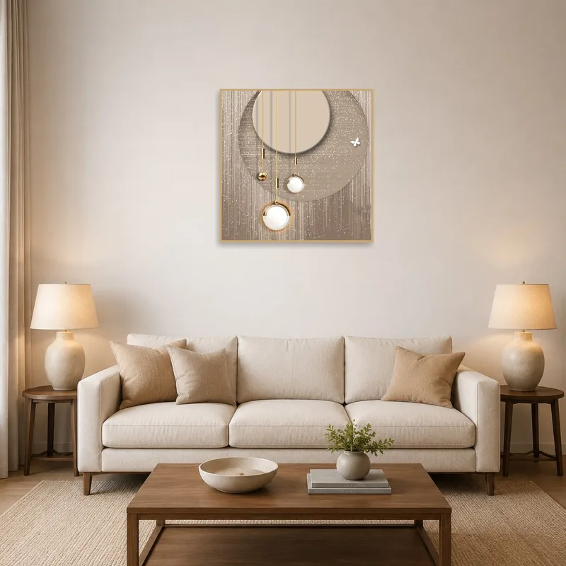 Geometric Elegance art print with gold accents displayed on a living room wall above a modern sofa.