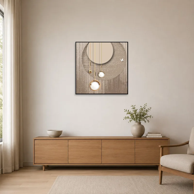 Geometric Elegance art print with gold accents accentuating a minimalist room with sleek furniture.