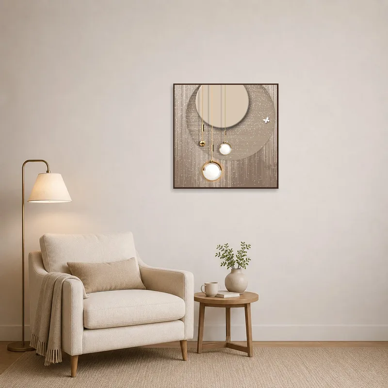 Geometric Elegance art print with gold accents in a cozy reading corner beside a comfy chair and lamp.