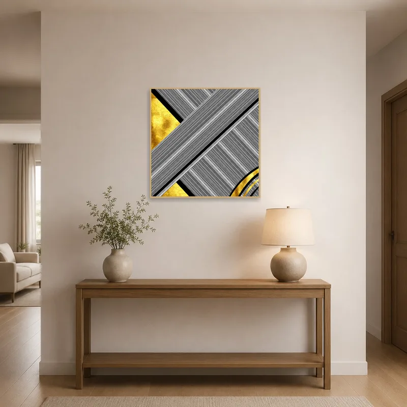 Bold geometric print with gold highlights welcoming guests in the entrance hall.