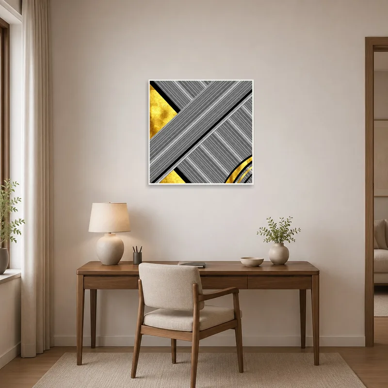Sophisticated geometric artwork with gold accents inspiring a modern home office.