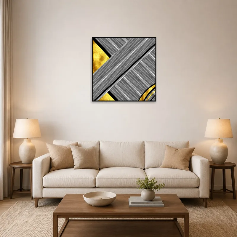 Geometric art with gold accents on a living room wall above a grey sofa.