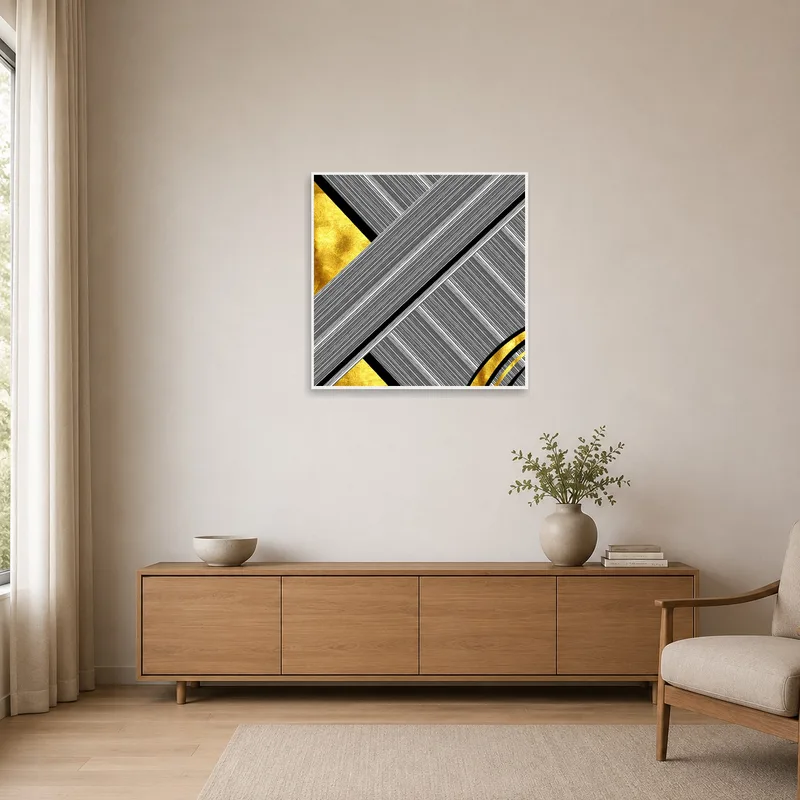 Sleek geometric artwork in gold tones on a stark minimalist wall.