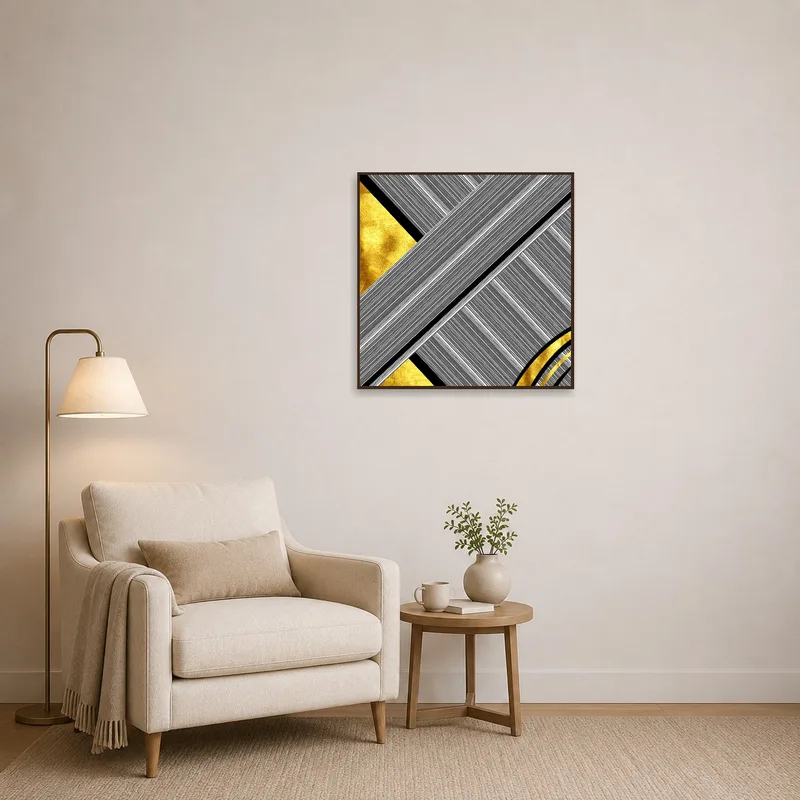 Geometric design in gold tones adding charm to a cozy reading corner.