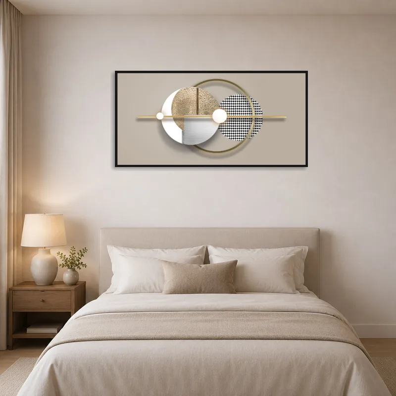 Sophisticated geometric wall art with gold detailing in a serene bedroom.