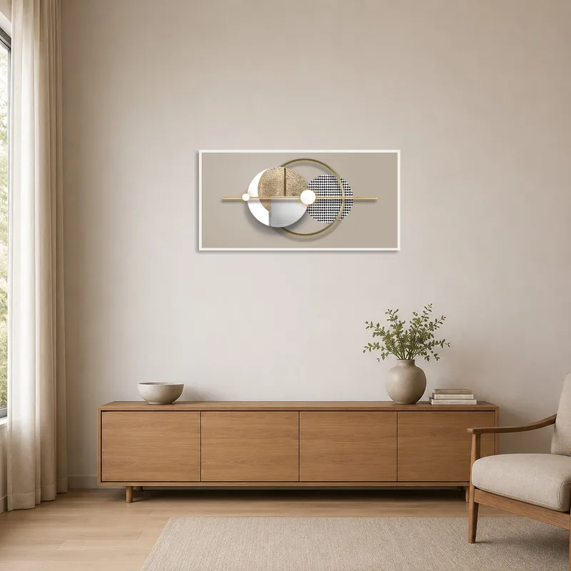 Gold-accented geometric art in a minimalist room with simple, clean lines.