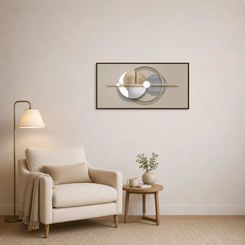 Geometric art featuring gold accents set in a cozy reading corner ambiance.