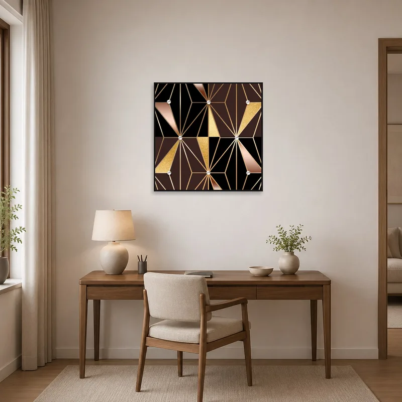Gold and black geometric art adds modern flair to a home office.