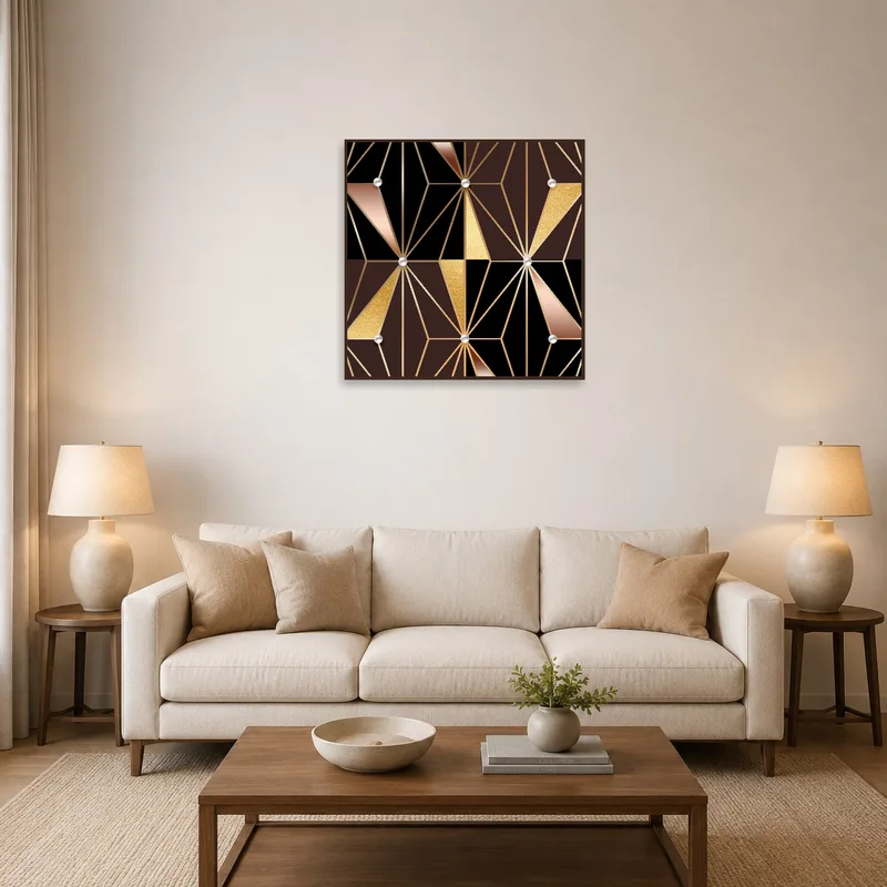 Sophisticated gold and black geometric art above a modern living room sofa.