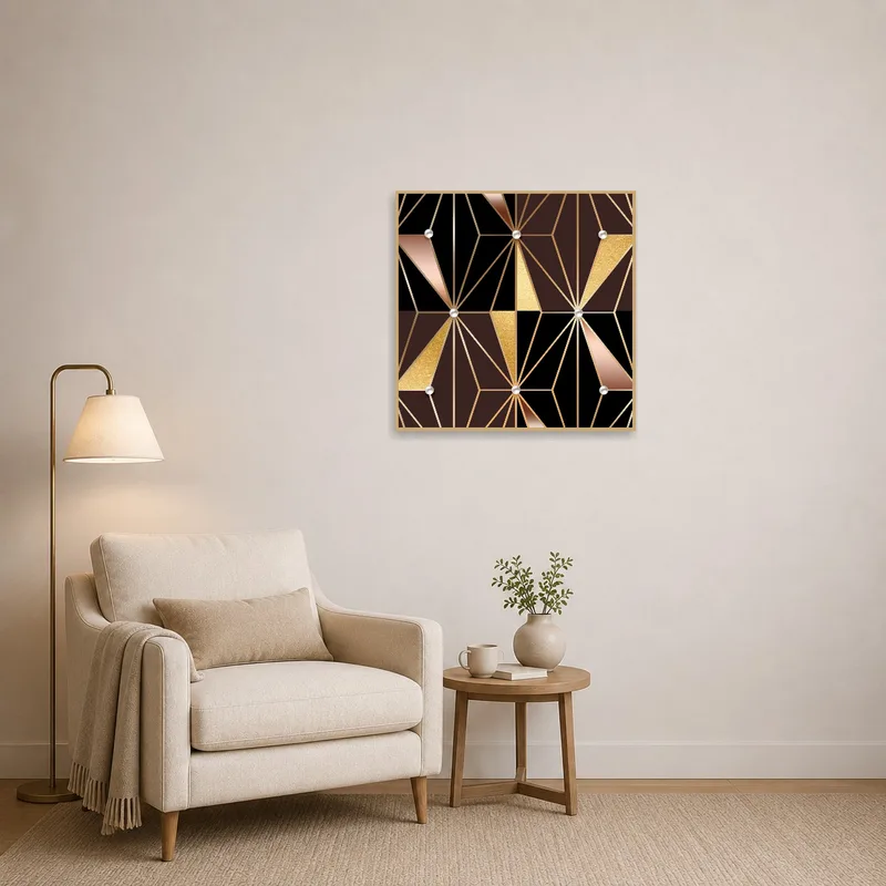 Geometric art with gold accents adds flair to cozy reading corner.
