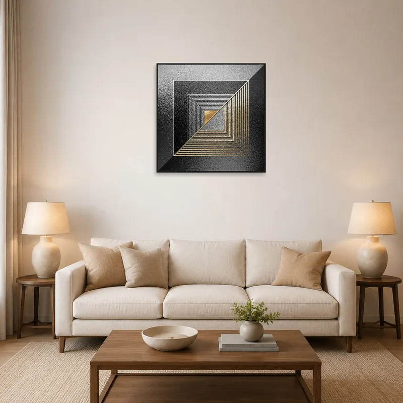A modern art piece with geometric patterns in gold and silver adorning a stylish living room wall.