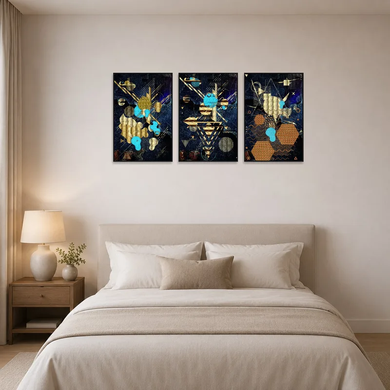 A bedroom displaying a bold triptych of abstract galaxy-inspired shapes.