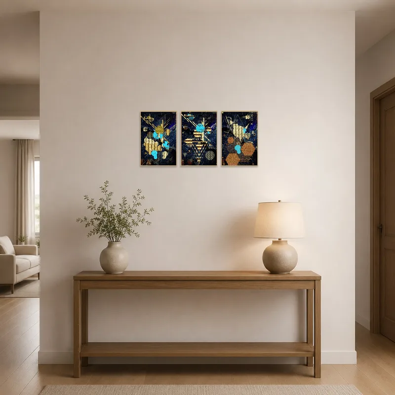An entrance hall featuring a striking abstract triptych with a cosmic theme.