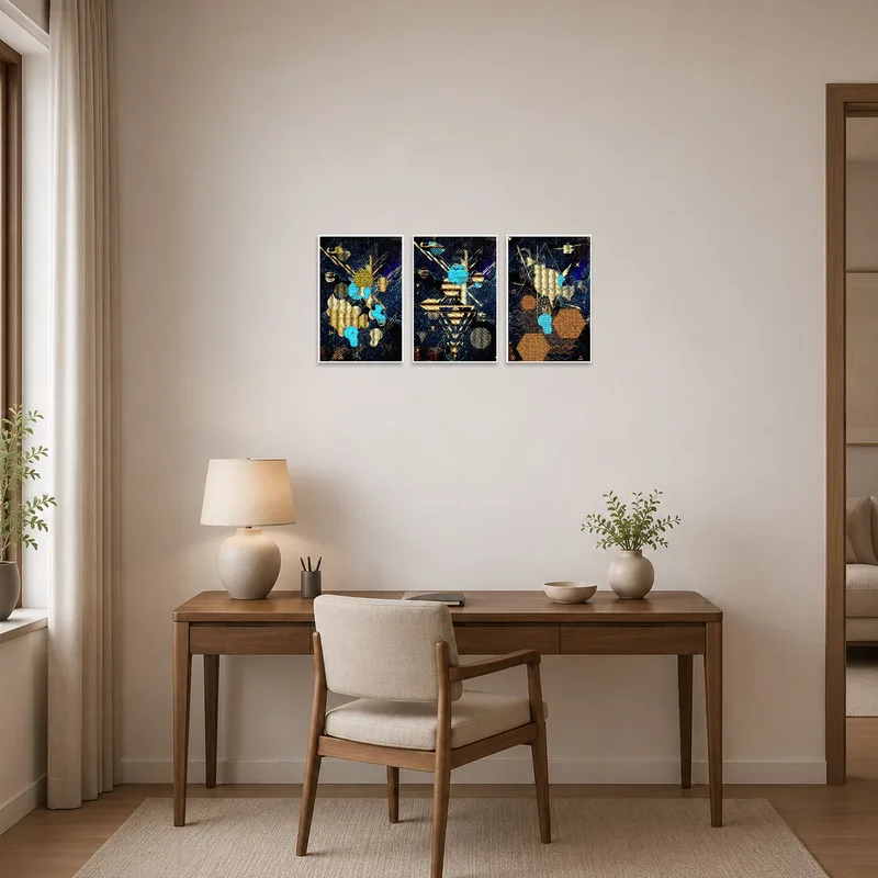 A home office enhanced by a striking triptych with bold geometric galaxy themes.