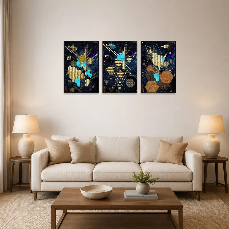 A bold abstract triptych dominates the living room wall with celestial motifs.