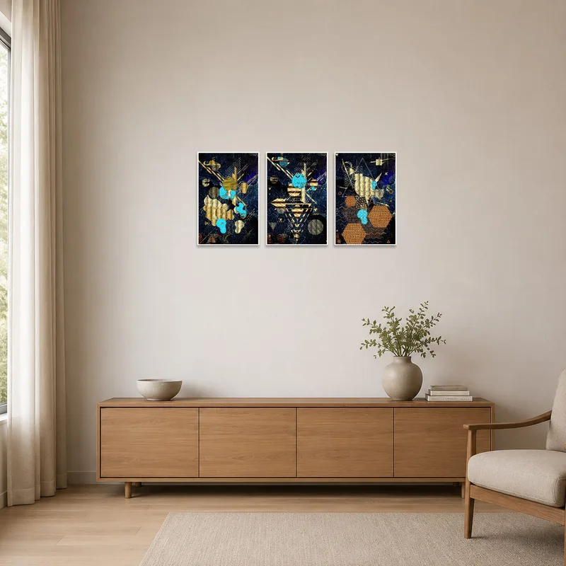 A minimalist space showcasing a bold geometric triptych with galaxy-inspired design.