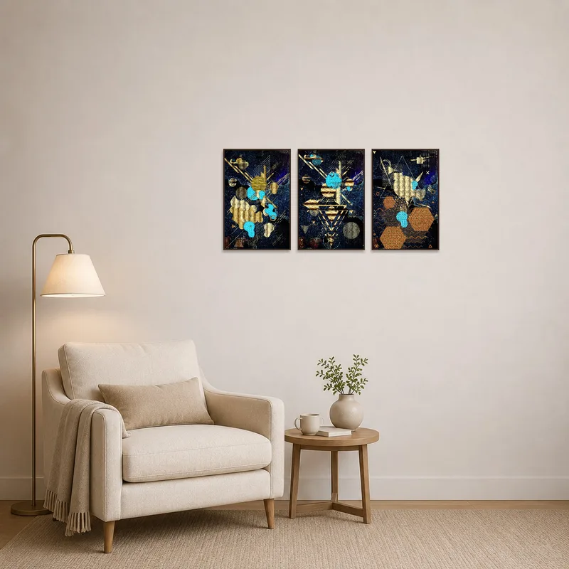 A cozy reading corner highlighted by a vibrant geometric galaxy triptych.