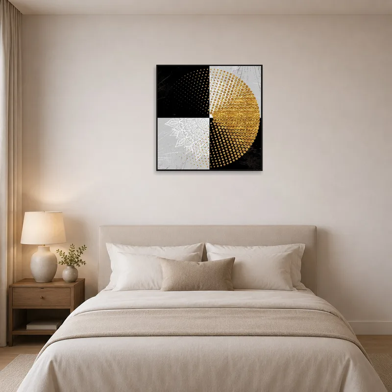 Bedroom wall adorned with a chic gold and black circle geometric art print.