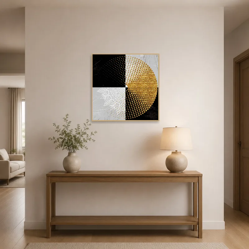 Entrance hall displaying a striking gold and black geometric circle art print.