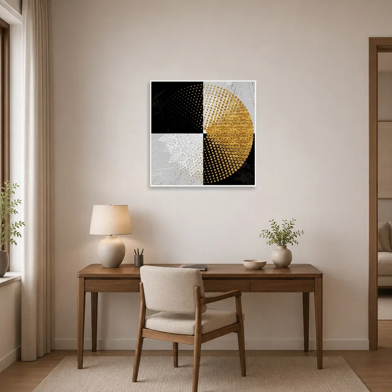 Home office with a gold and black geometric circle art print adding elegance.