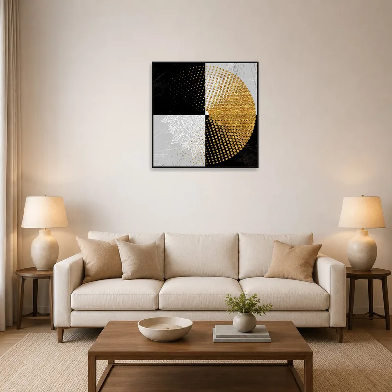 A modern living room featuring a gold and black geometric circle art print on the wall.