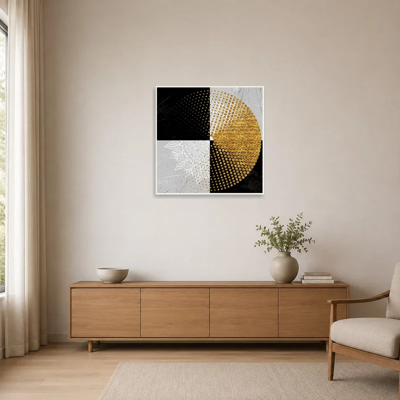Minimalist room with a gold and black circle art print enhancing the simple decor.