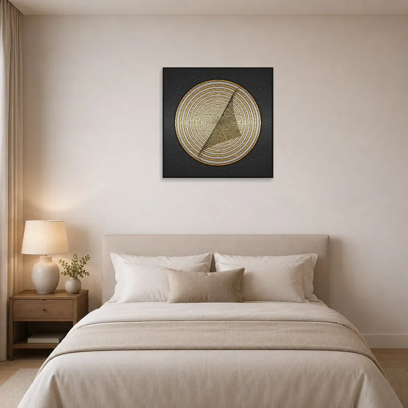 Stylish geometric art above the bed, adding elegance to the bedroom decor.