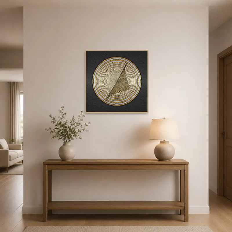 Elegant circular geometric piece in entrance hall beside a shoe rack.