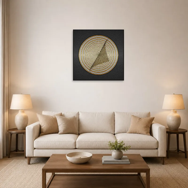 Gold and black geometric artwork on living room wall above a modern sofa.