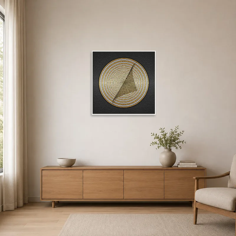 Sleek geometric gold and black design in a minimalist space with sparse furnishings.