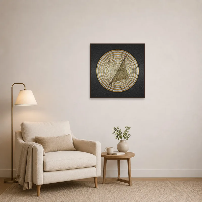 Geometric gold and black art piece in a cozy reading corner with a comfy chair.