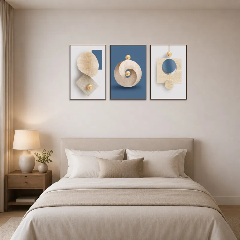 The bedroom wall is accentuated by the gold and blue abstract art pieces.