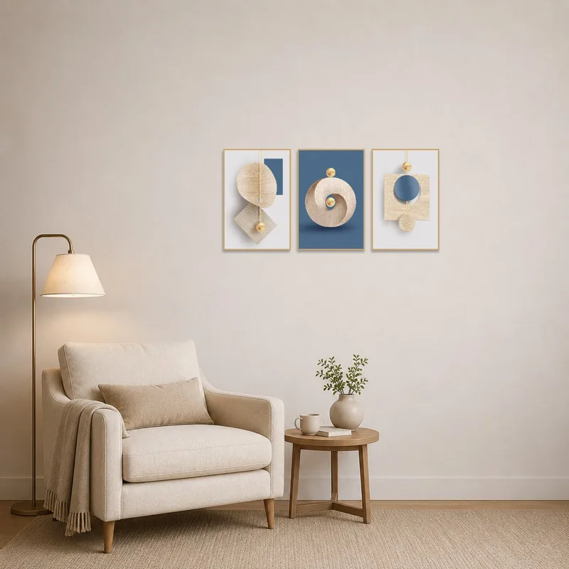A cozy reading corner with the abstract triptych set enhancing the atmosphere.