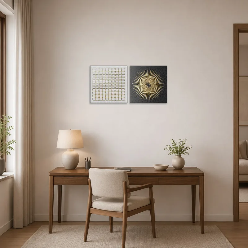 Gold and charcoal textured art inspiring creativity in a home office.