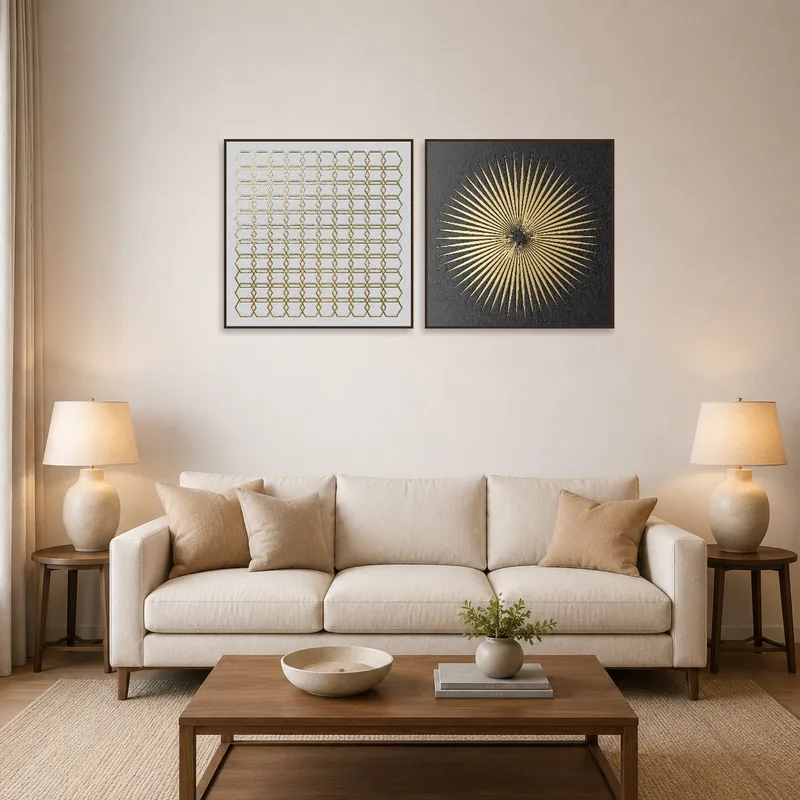 Geometric gold and charcoal art above a modern couch in a chic living room.